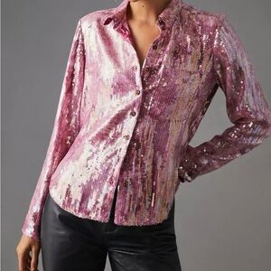 Pilcro Pink Sequin Button Down Shirt